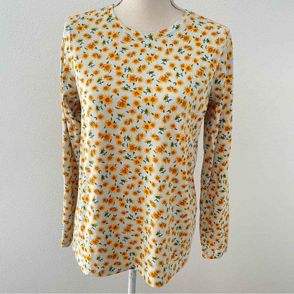 Lands End Shirt Womens Sz S 6-8 Yellow Sunflower Floral Cotton Light Comfy